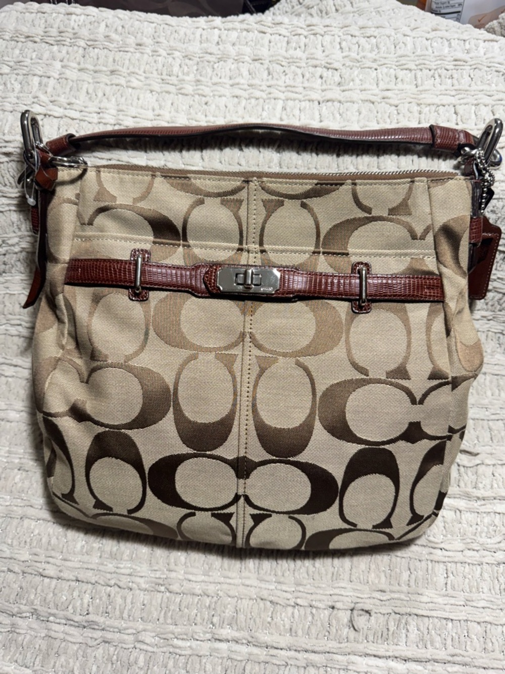 COACH Signature Canvas Shoulder Bag in Khaki and Brown